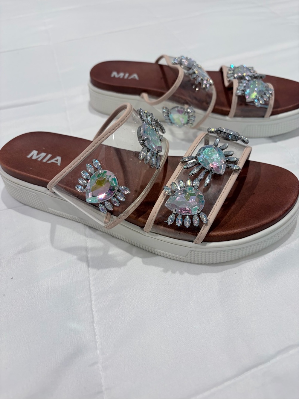 MIA Clear Jeweled Slide Sandals with Blush Trim